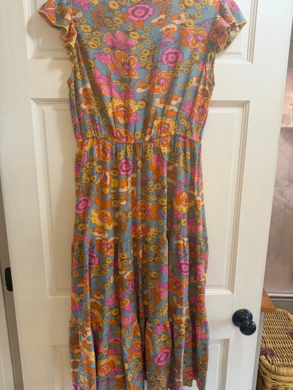 Floral V-Neck Midi Dress in Pink, Orange & Gray — Casual Women's Dress - Picture 2 of 3